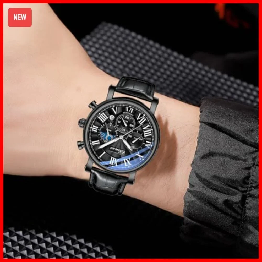 Men's Multifunctional Military Watch Leather Strap Chronograph Waterproof
